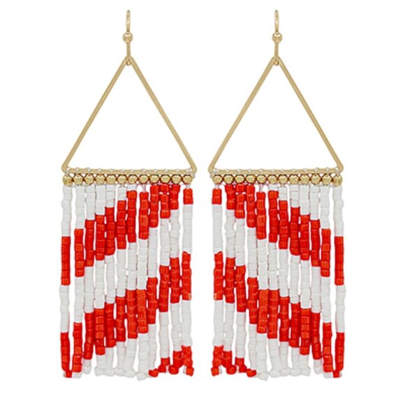 Red White Striped Seed Beaded Gold Dipped Boho Style Hook Earrings - Picture 2 of 3
